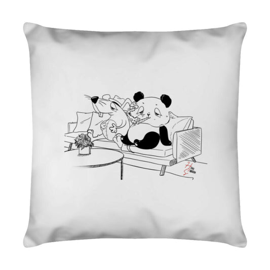 Deko Kissen in Weiß mit Panda und Maus Motiv und Hyped Sarcasm Logo