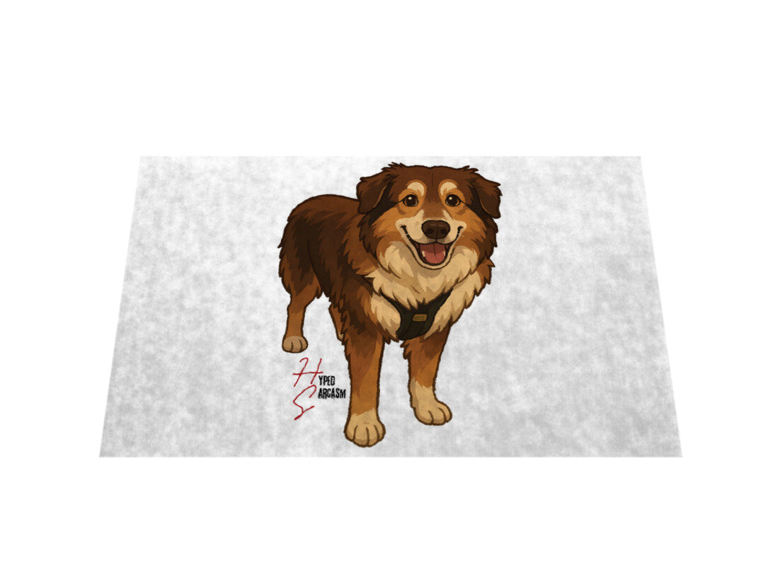 Fußmatte in Weiß mit Rocky Hunde Motiv und Hyped Sarcasm Logo vertikal