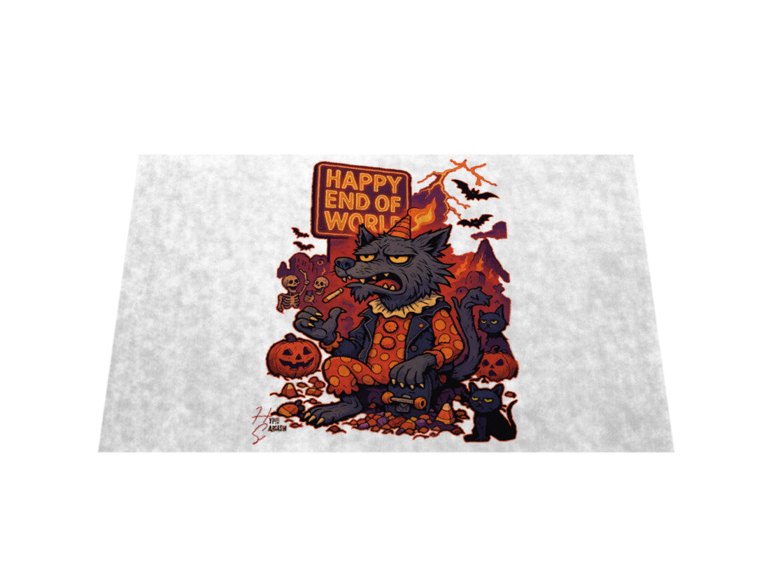 Fußmatte in Weiß mit Halloween Wolf Motiv und Hyped Sarcasm Logo vertikal