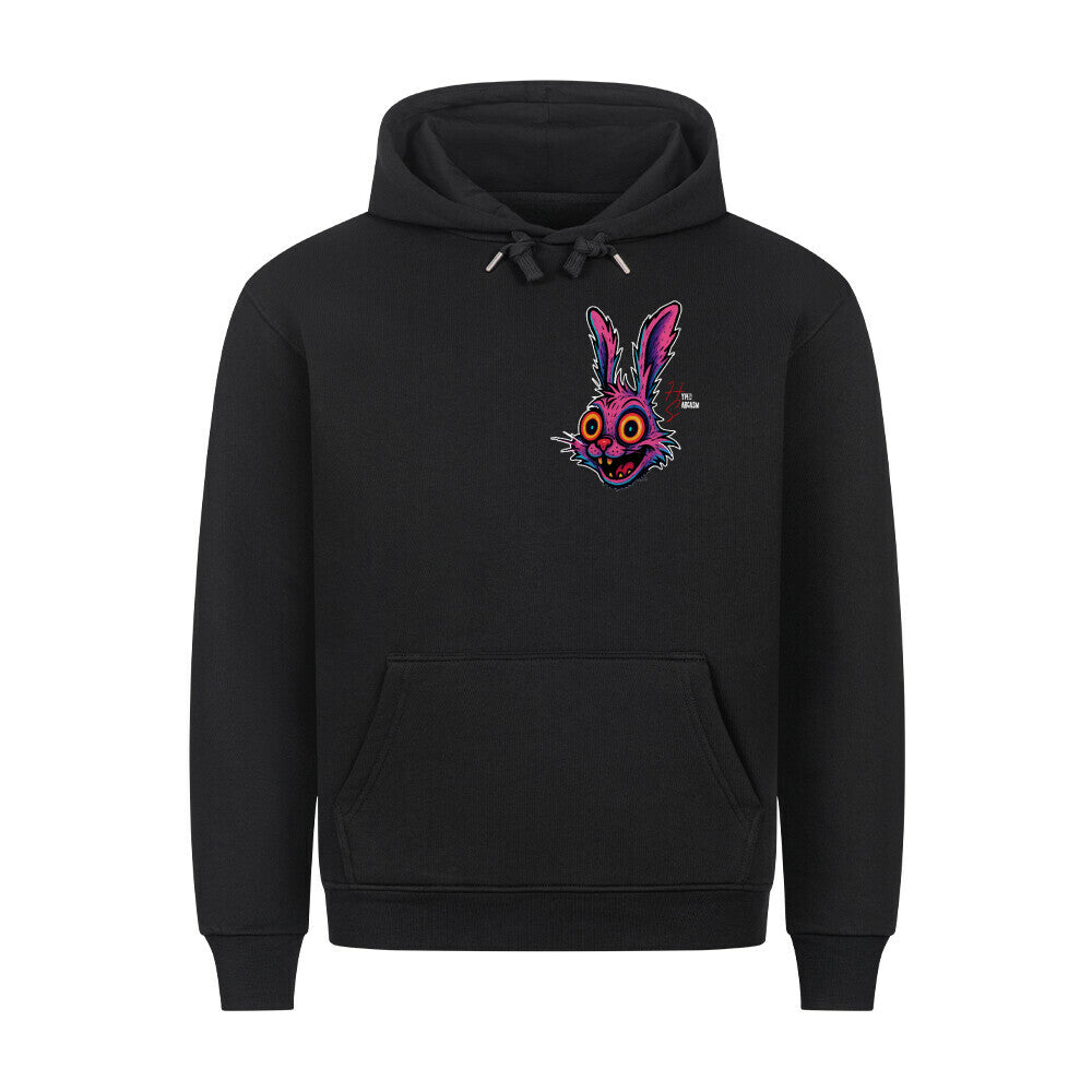 HigherBlanks Premium Hoodie in Schwarz mit Hasen Motiv und Hyped Sarcasm Logo auf Brusthöhe Vorderansicht