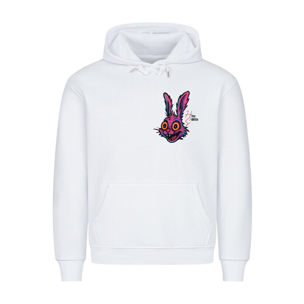 HigherBlanks Premium Hoodie in Weiß mit Hasen Motiv und Hyped Sarcasm Logo auf Brusthöhe Vorderansicht