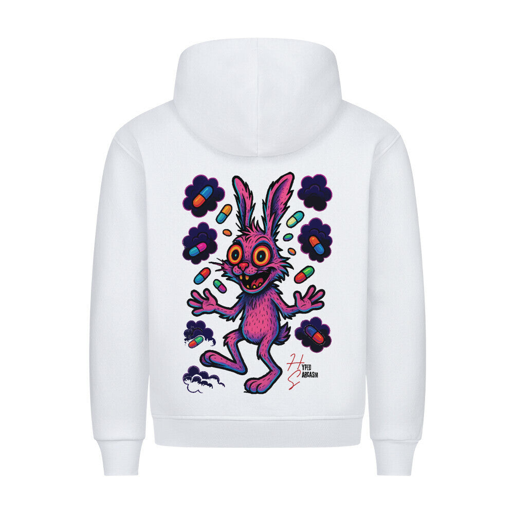 HigherBlanks Premium Hoodie in Weiß mit Hasen Motiv und Hyped Sarcasm Logo Rückansicht