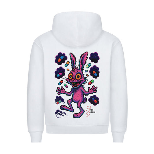 HigherBlanks Premium Hoodie in Weiß mit Hasen Motiv und Hyped Sarcasm Logo Rückansicht