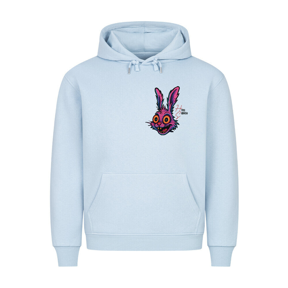 HigherBlanks Premium Hoodie in Babyblau mit Hasen Motiv und Hyped Sarcasm Logo auf Brusthöhe Vorderansicht