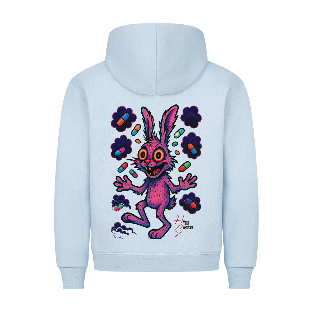 HigherBlanks Premium Hoodie in Babyblau mit Hasen Motiv und Hyped Sarcasm Logo Rückansicht