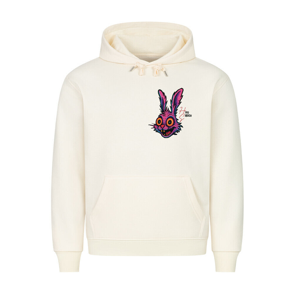 HigherBlanks Premium Hoodie in Beige mit Hasen Motiv und Hyped Sarcasm Logo auf Brusthöhe Vorderansicht