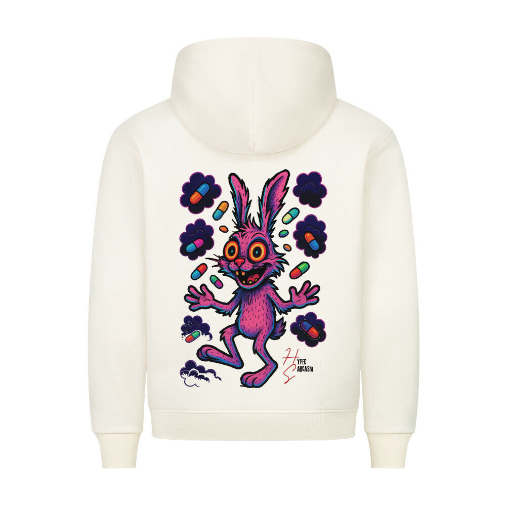 HigherBlanks Premium Hoodie in Beige mit Hasen Motiv und Hyped Sarcasm Logo Rückansicht