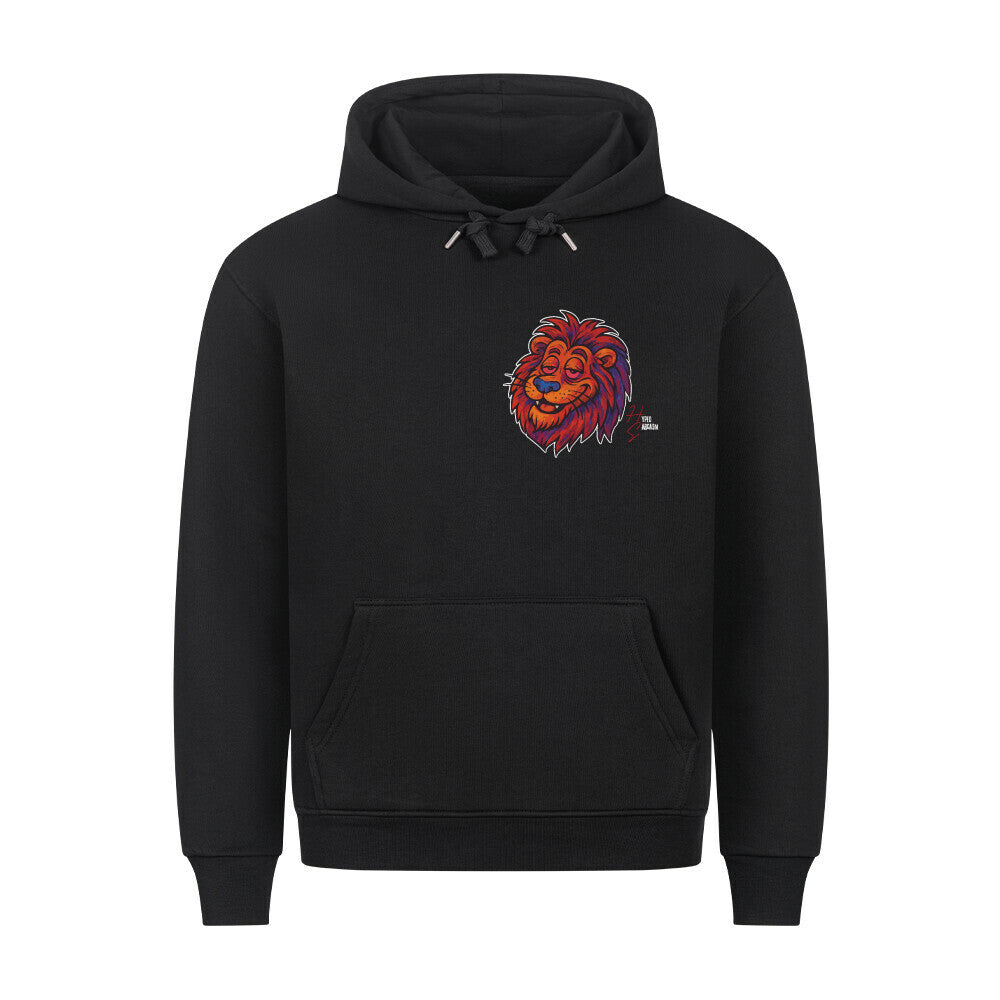 HigherBlanks Premium Hoodie in Schwarz mit Löwen Motiv und Hyped Sarcasm Logo auf Brusthöhe Vorderansicht