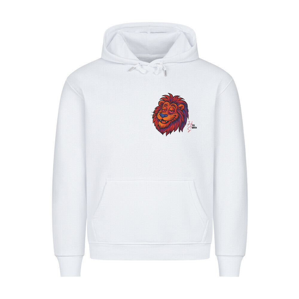 HigherBlanks Premium Hoodie in Weiß mit Löwen Motiv und Hyped Sarcasm Logo auf Brusthöhe Vorderansicht