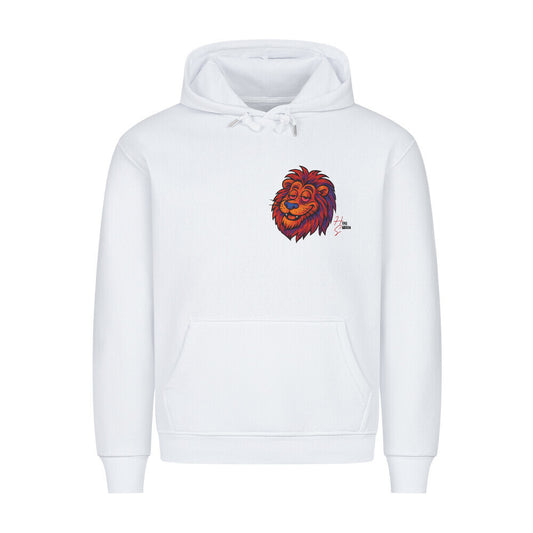HigherBlanks Premium Hoodie in Weiß mit Löwen Motiv und Hyped Sarcasm Logo auf Brusthöhe Vorderansicht