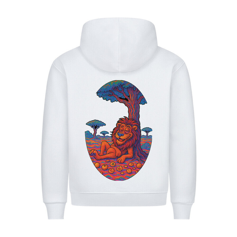 HigherBlanks Premium Hoodie in Weiß mit Löwen Motiv und Hyped Sarcasm Logo Rückansicht
