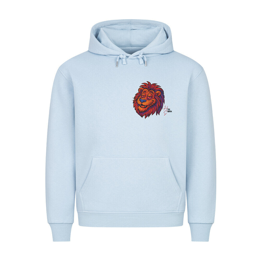 HigherBlanks Premium Hoodie in Babyblau mit Löwen Motiv und Hyped Sarcasm Logo auf Brusthöhe Vorderansicht