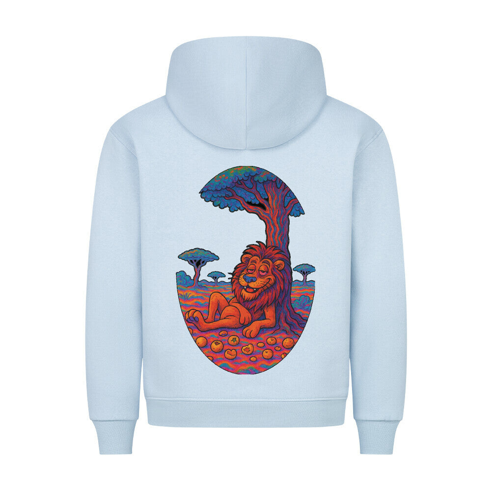 HigherBlanks Premium Hoodie in Babyblau mit Löwen Motiv und Hyped Sarcasm Logo Rückansicht