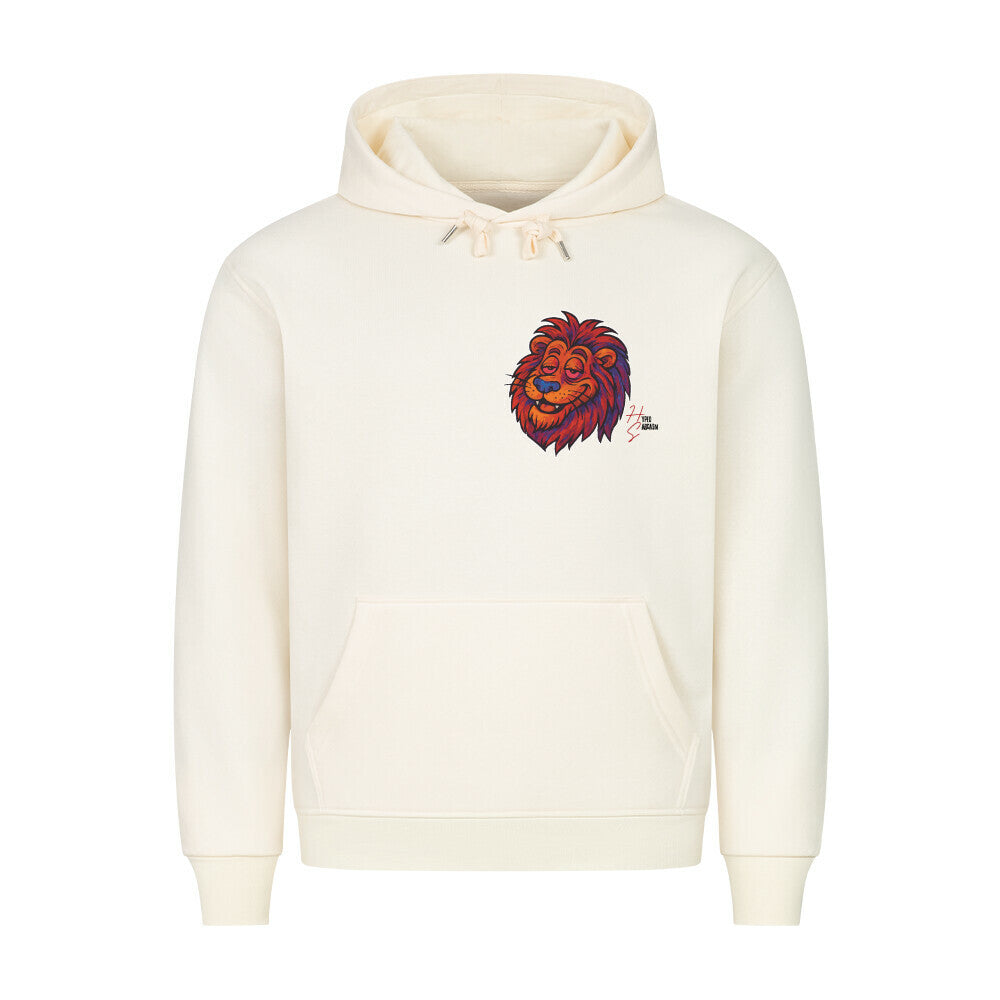 HigherBlanks Premium Hoodie in Beige mit Löwen Motiv und Hyped Sarcasm Logo auf Brusthöhe Vorderansicht