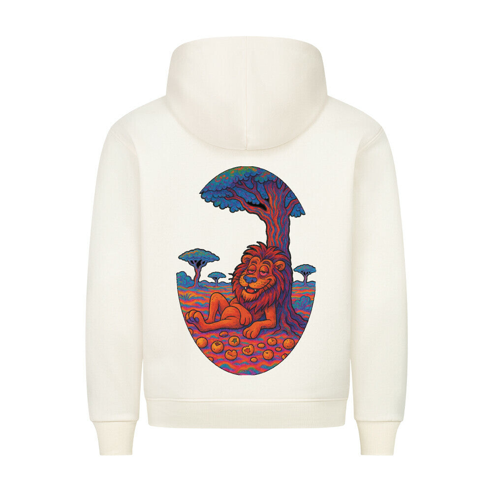 HigherBlanks Premium Hoodie in Beige mit Löwen Motiv und Hyped Sarcasm Logo Rückansicht