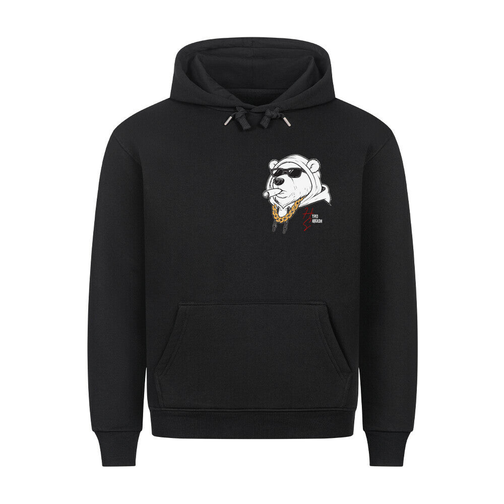 HigherBlanks Premium Hoodie in Schwarz mit männlichem Bärenkopf Motiv und Hyped Sarcasm Logo auf Brusthöhe Vorderansicht