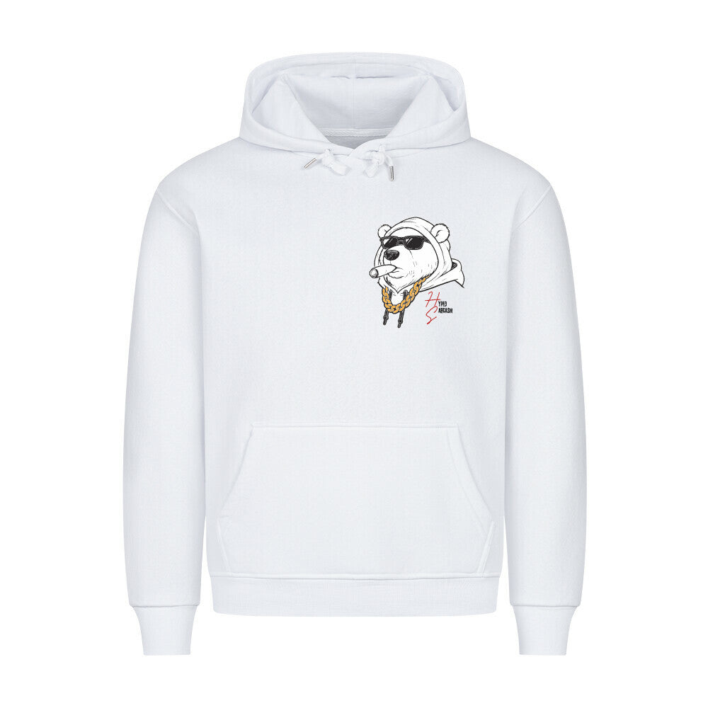 HigherBlanks Premium Hoodie in Weiß mit männlichem Bärenkopf Motiv und Hyped Sarcasm Logo auf Brusthöhe Vorderansicht