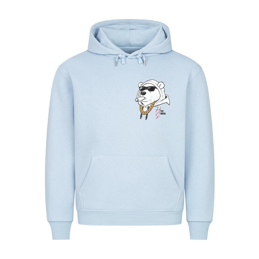 HigherBlanks Premium Hoodie in Babyblau mit männlichem Bärenkopf Motiv und Hyped Sarcasm Logo auf Brusthöhe Vorderansicht
