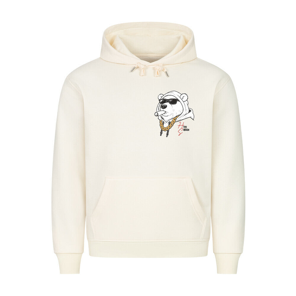 HigherBlanks Premium Hoodie in Beige mit männlichem Bärenkopf Motiv und Hyped Sarcasm Logo auf Brusthöhe Vorderansicht