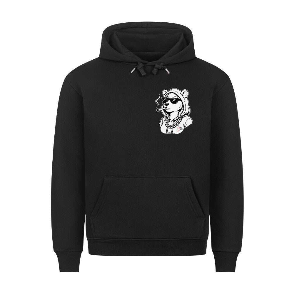 HigherBlanks Premium Hoodie in Schwarz mit weiblichem Bärenkopf Motiv und Hyped Sarcasm Logo auf Brusthöhe Vorderansicht
