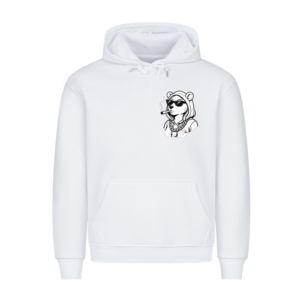 HigherBlanks Premium Hoodie in Weiß mit weiblichem Bärenkopf Motiv und Hyped Sarcasm Logo auf Brusthöhe Vorderansicht