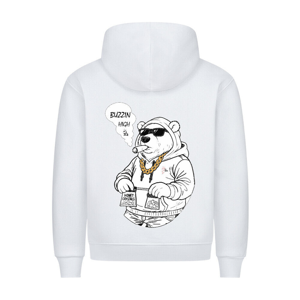 HigherBlanks Premium Hoodie in Weiß mit männlichem Bären Motiv und Hyped Sarcasm Logo Rückansicht
