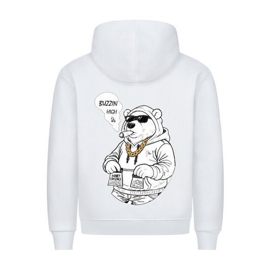 HigherBlanks Premium Hoodie in Weiß mit männlichem Bären Motiv und Hyped Sarcasm Logo Rückansicht