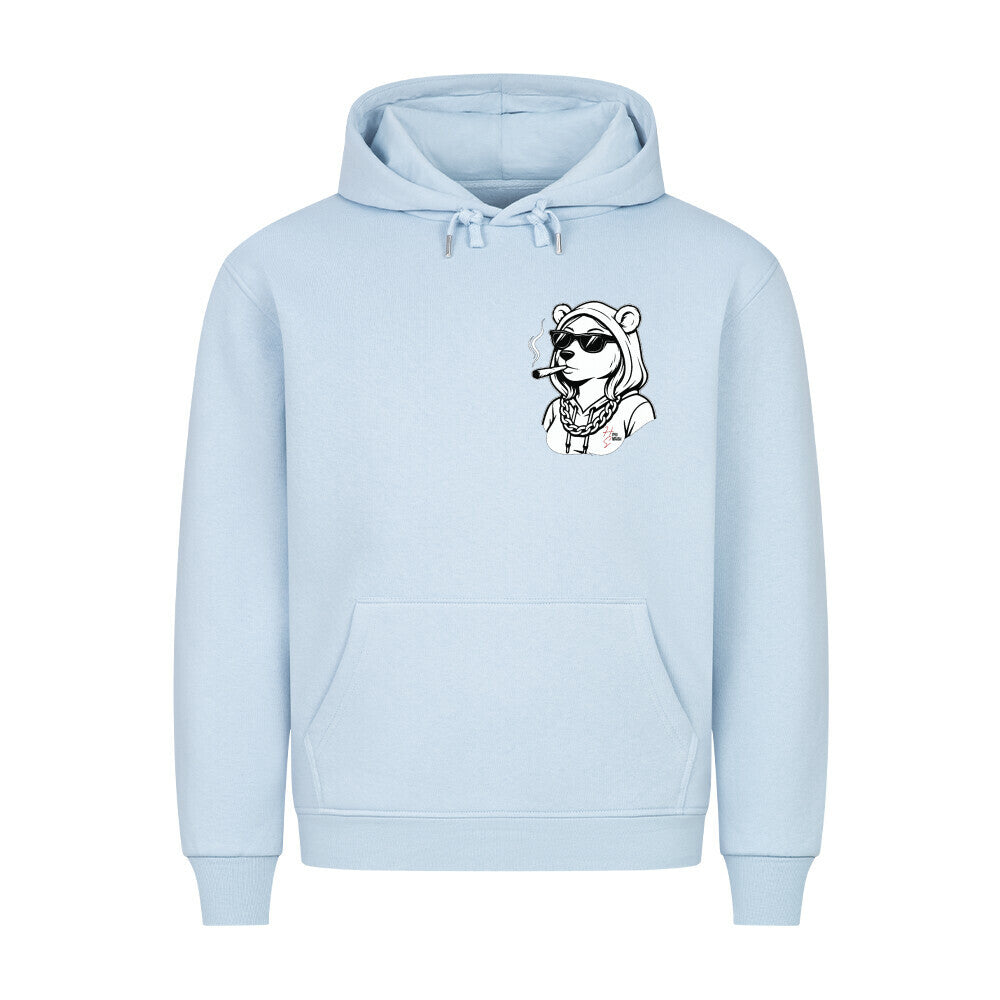 HigherBlanks Premium Hoodie in Babyblau mit weiblichem Bärenkopf Motiv und Hyped Sarcasm Logo auf Brusthöhe Vorderansicht