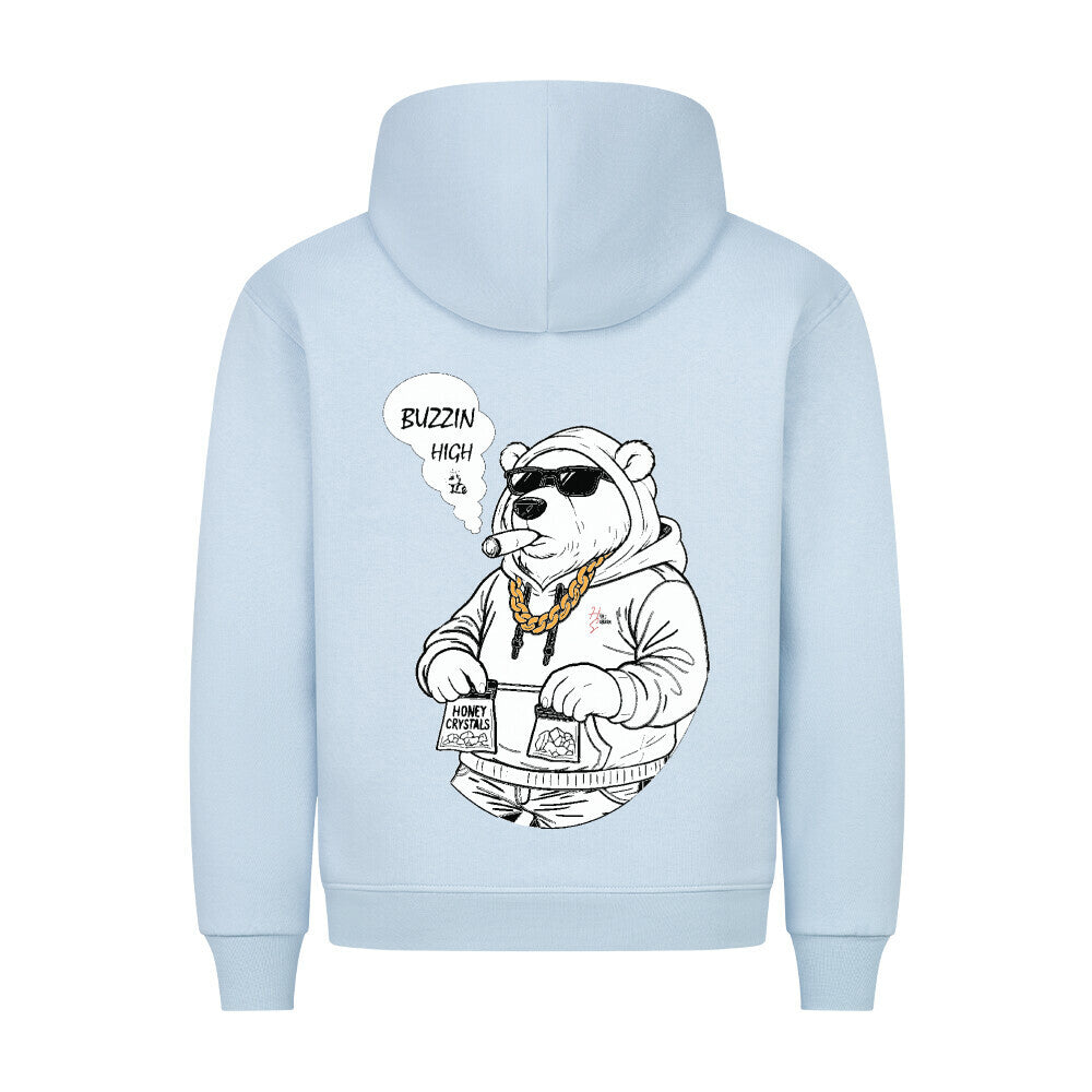 HigherBlanks Premium Hoodie in Babyblau mit männlichem Bären Motiv und Hyped Sarcasm Logo Rückansicht