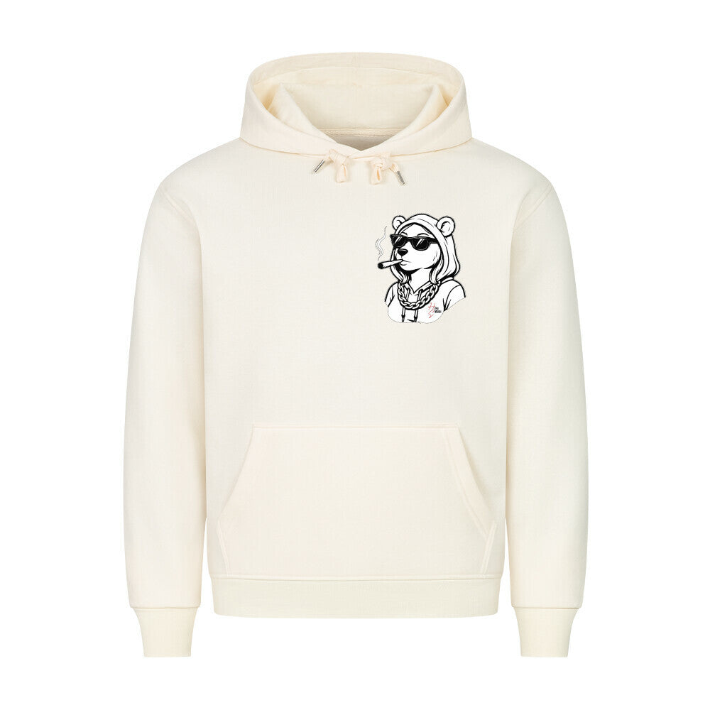 HigherBlanks Premium Hoodie in Beige mit weiblichem Bärenkopf Motiv und Hyped Sarcasm Logo auf Brusthöhe Vorderansicht