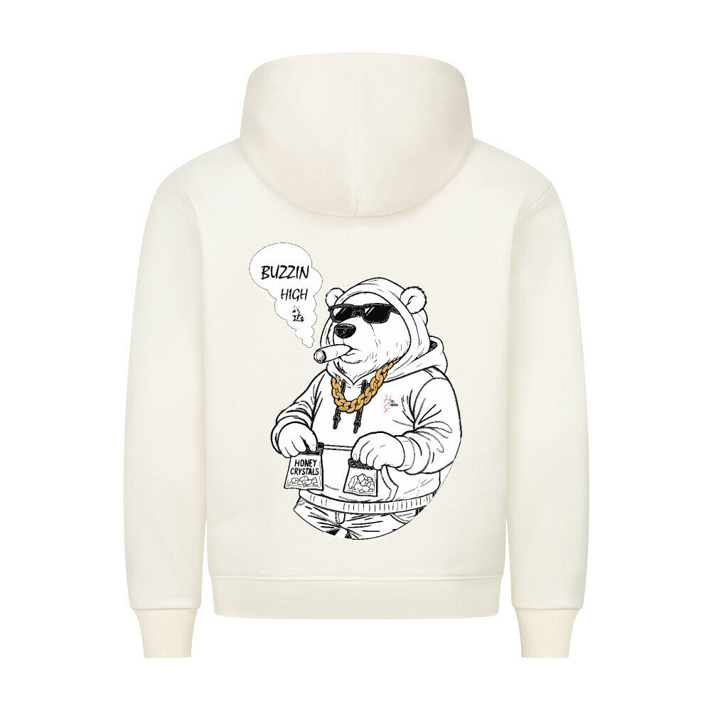 HigherBlanks Premium Hoodie in Beige mit männlichem Bären Motiv und Hyped Sarcasm Logo Rückansicht