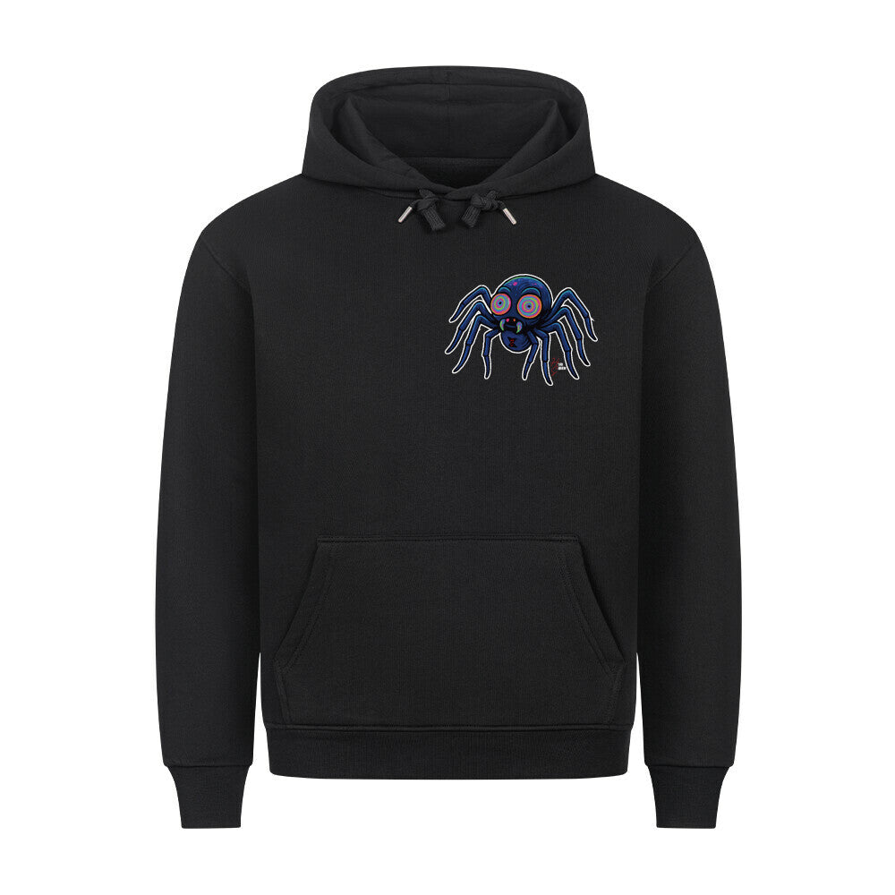 HigherBlanks Premium Hoodie in Schwarz mit Halloween Spinnen Motiv und Hyped Sarcasm Logo auf Brusthöhe Vorderansicht