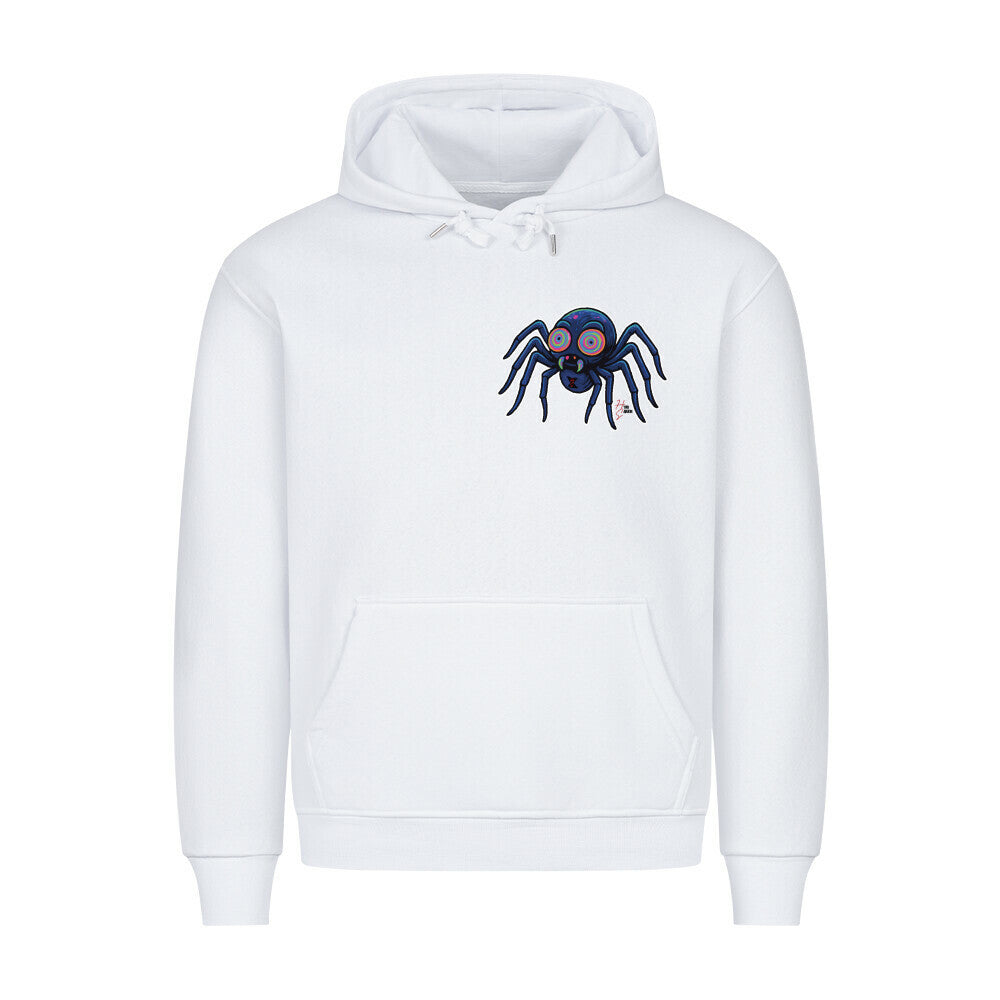 HigherBlanks Premium Hoodie in Weiß mit Halloween Spinnen Motiv und Hyped Sarcasm Logo auf Brusthöhe Vorderansicht