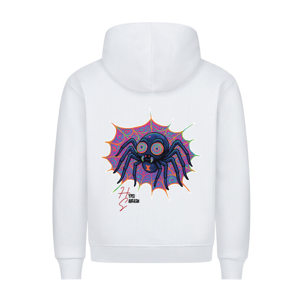 HigherBlanks Premium Hoodie in Weiß mit Halloween Spinnen Motiv und Hyped Sarcasm Logo Rückansicht
