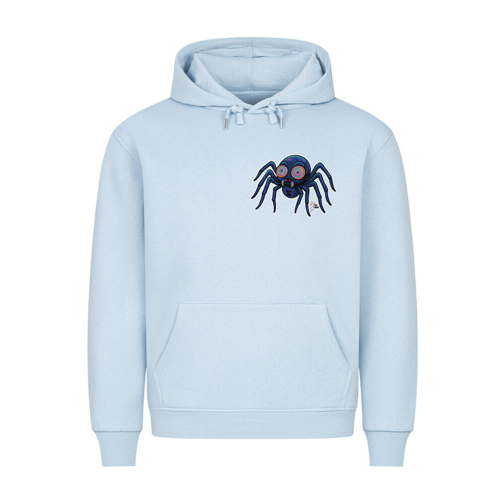HigherBlanks Premium Hoodie in Babyblau mit Halloween Spinnen Motiv und Hyped Sarcasm Logo auf Brusthöhe Vorderansicht