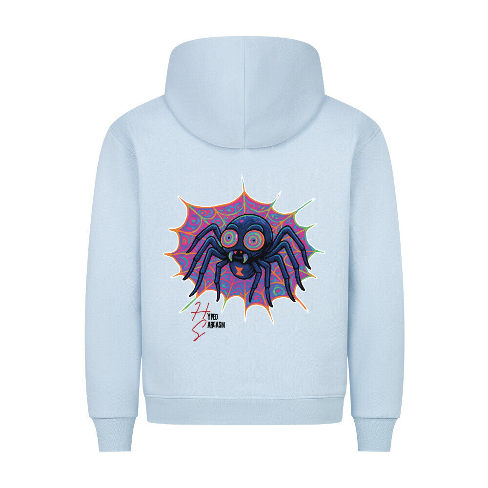 HigherBlanks Premium Hoodie in Babyblau mit Halloween Spinnen Motiv und Hyped Sarcasm Logo Rückansicht