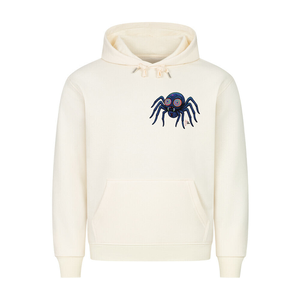 HigherBlanks Premium Hoodie in Beige mit Halloween Spinnen Motiv und Hyped Sarcasm Logo auf Brusthöhe Vorderansicht