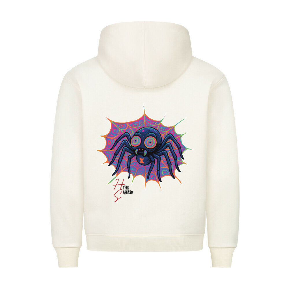 HigherBlanks Premium Hoodie in Beige mit Halloween Spinnen Motiv und Hyped Sarcasm Logo Rückansicht