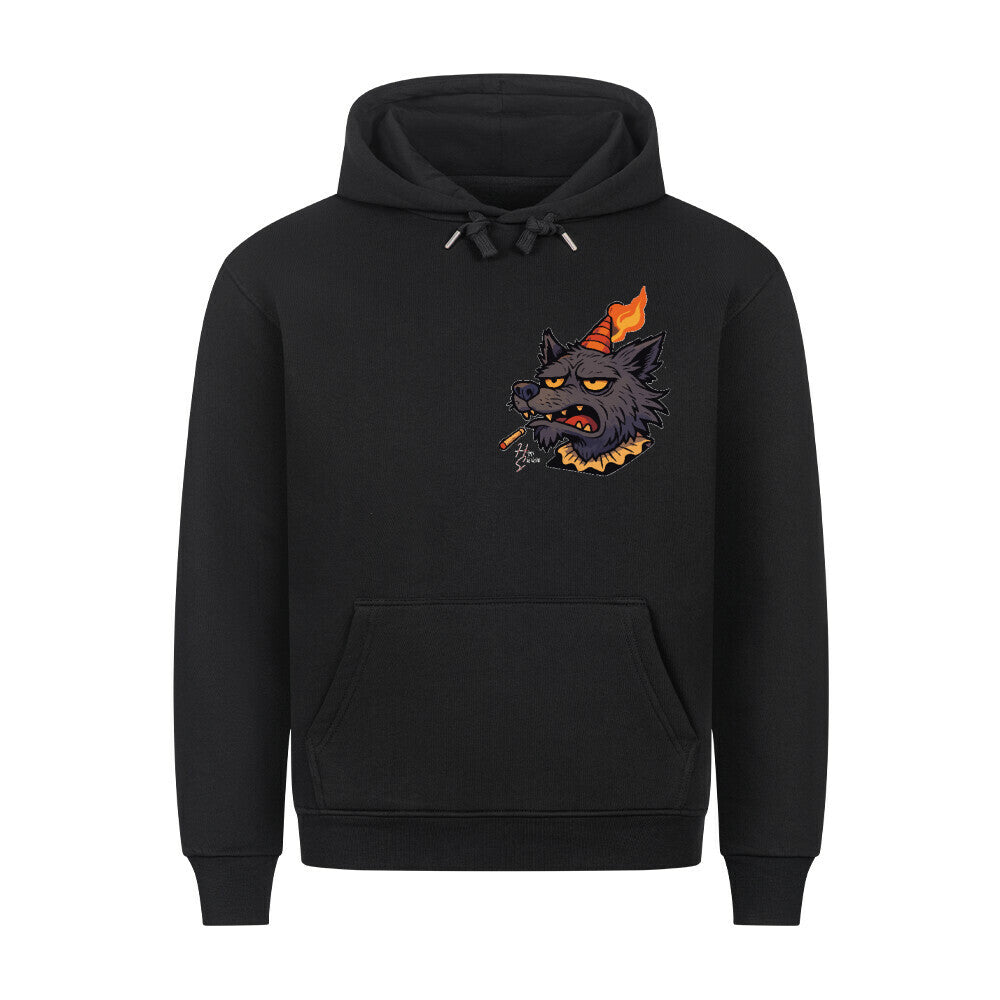 HigherBlanks Premium Hoodie in Schwarz mit Halloween Wolf Motiv und Hyped Sarcasm Logo auf Brusthöhe Vorderansicht
