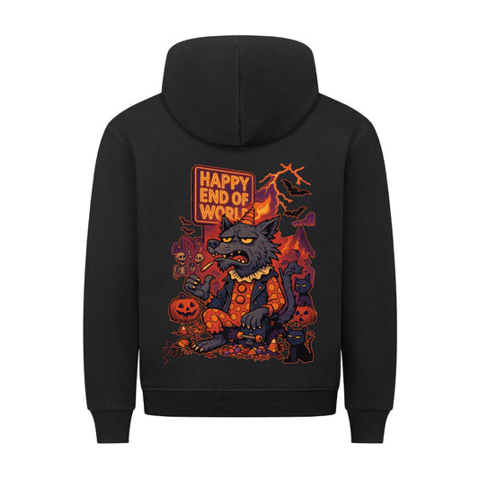 HigherBlanks Premium Hoodie in Schwarz mit Halloween Wolf Motiv und Hyped Sarcasm Logo Rückansicht