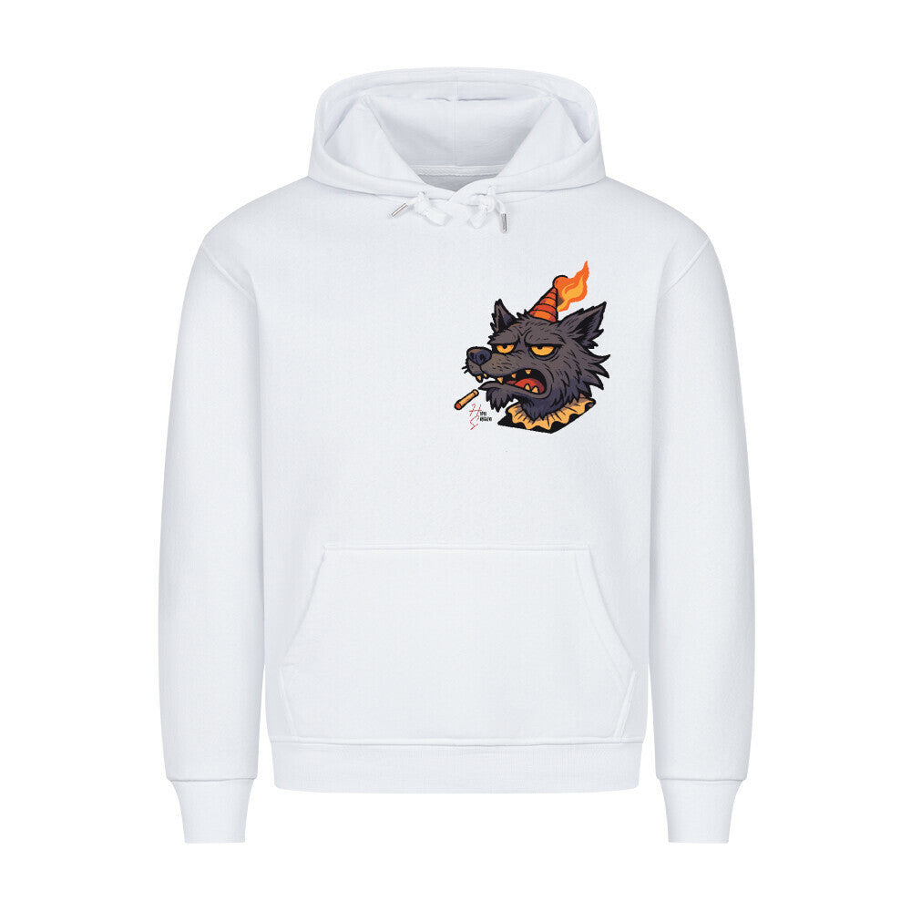 HigherBlanks Premium Hoodie in Weiß mit Halloween Wolf Motiv und Hyped Sarcasm Logo auf Brusthöhe Vorderansicht