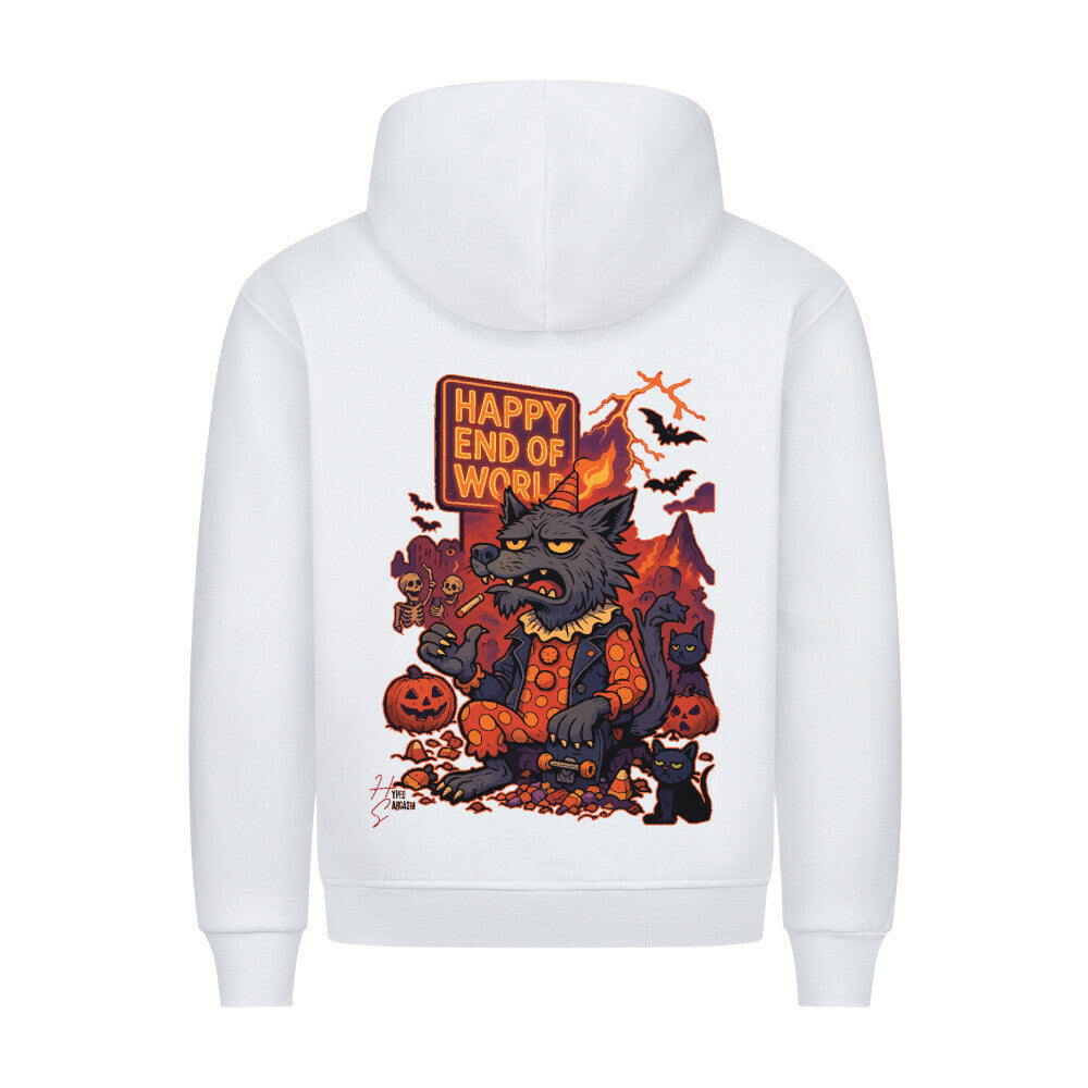 HigherBlanks Premium Hoodie in Weiß mit Halloween Wolf Motiv und Hyped Sarcasm Logo Rückansicht