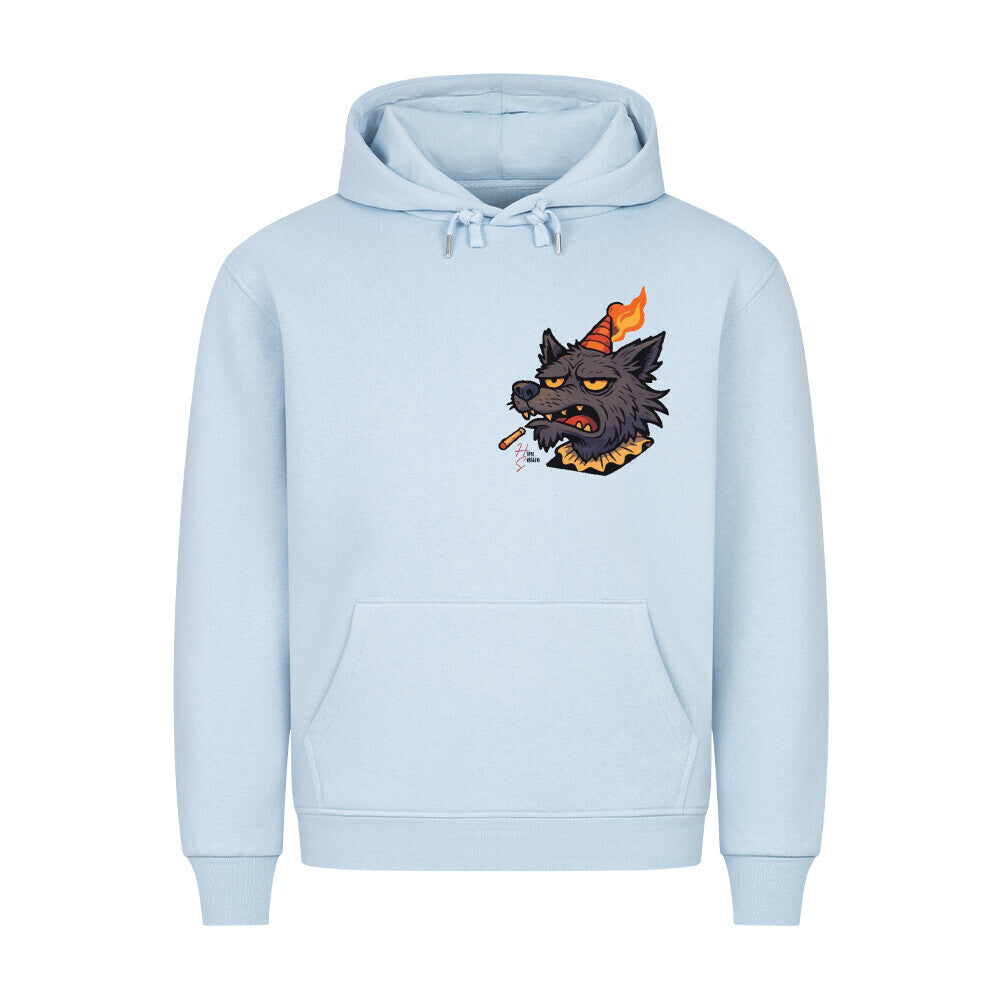 HigherBlanks Premium Hoodie in Babyblau mit Halloween Wolf Motiv und Hyped Sarcasm Logo auf Brusthöhe Vorderansicht