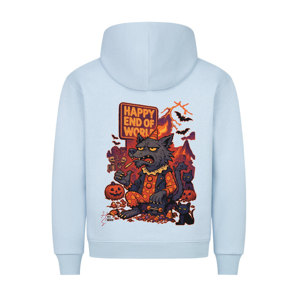 HigherBlanks Premium Hoodie in Babyblau mit Halloween Wolf Motiv und Hyped Sarcasm Logo Rückansicht