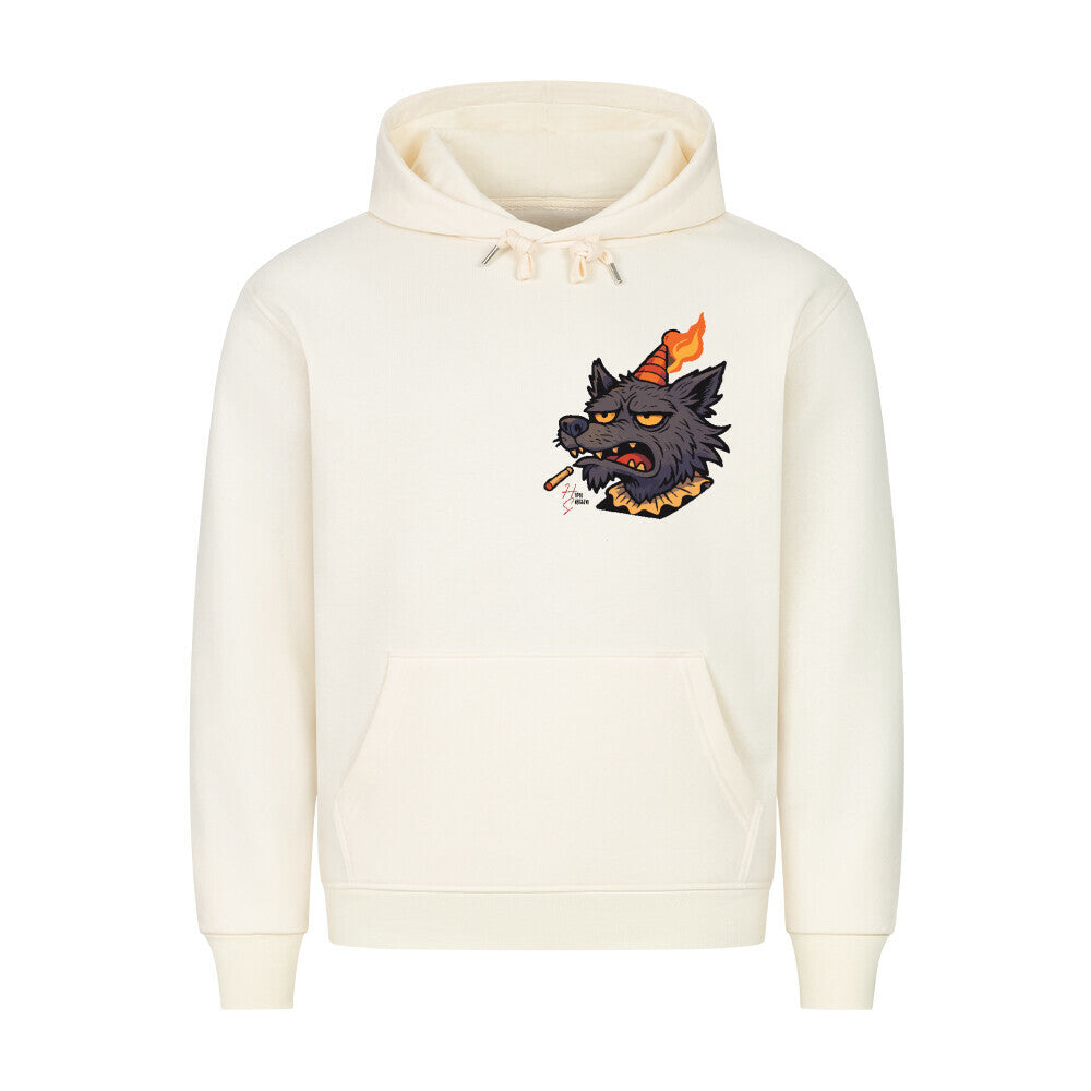 HigherBlanks Premium Hoodie in Beige mit Halloween Wolf Motiv und Hyped Sarcasm Logo auf Brusthöhe Vorderansicht