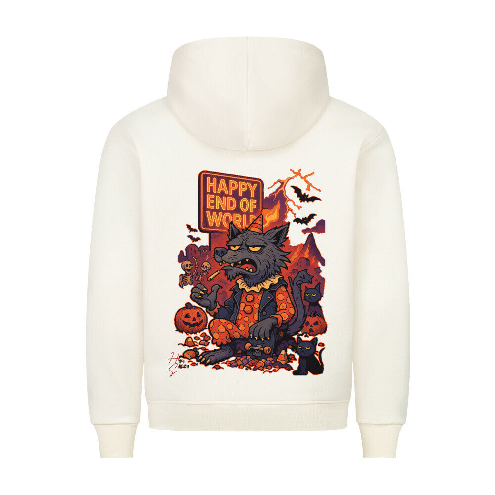 HigherBlanks Premium Hoodie in Beige mit Halloween Wolf Motiv und Hyped Sarcasm Logo Rückansicht