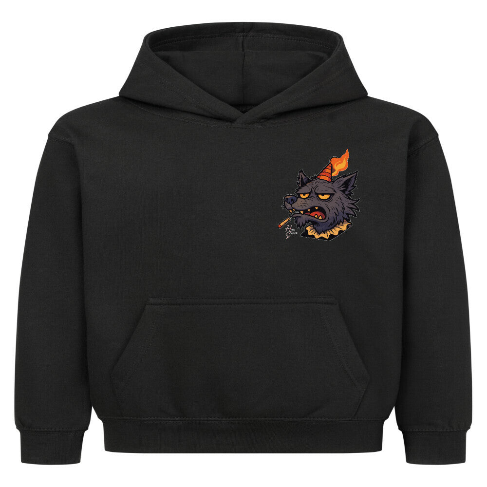 Hoodie Kids in Schwarz mit Halloween Wolf Motiv und Hyped Sarcasm Logo auf Brusthöhe Vorderansicht