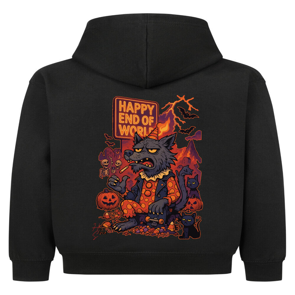 Hoodie Kids in Schwarz mit Halloween Wolf Motiv und Hyped Sarcasm Logo Rückansicht
