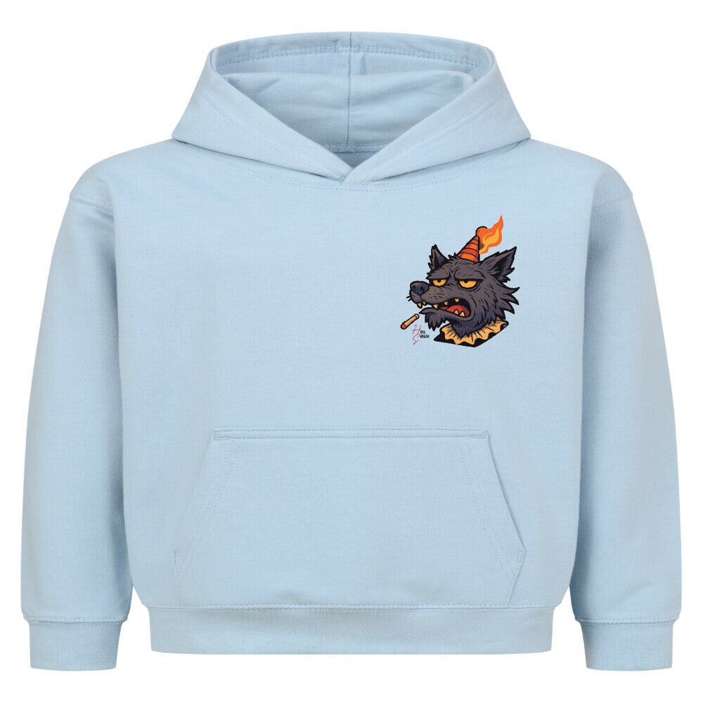 Hoodie Kids in Babyblau mit Halloween Wolf Motiv und Hyped Sarcasm Logo auf Brusthöhe Vorderansicht