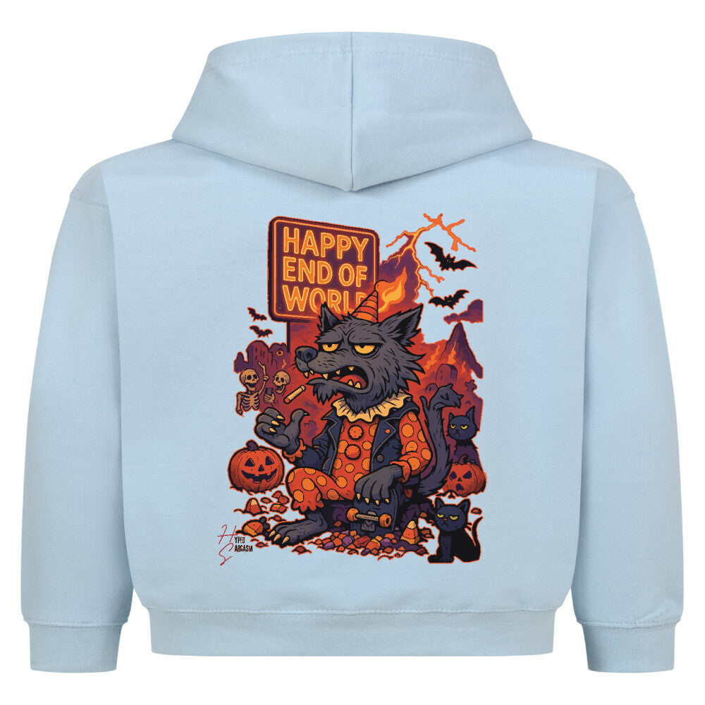 Hoodie Kids in Babyblau mit Halloween Wolf Motiv und Hyped Sarcasm Logo Rückansicht